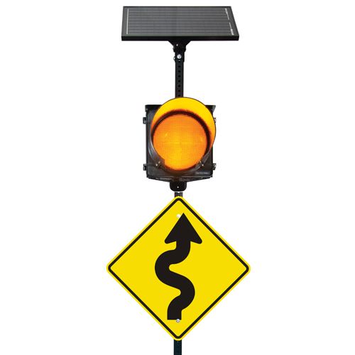 Solar powered amber flashing beacon light for curved road sign