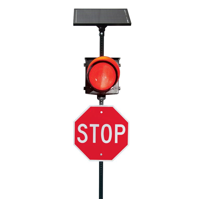 Solar powered red flashing beacon for stop sign