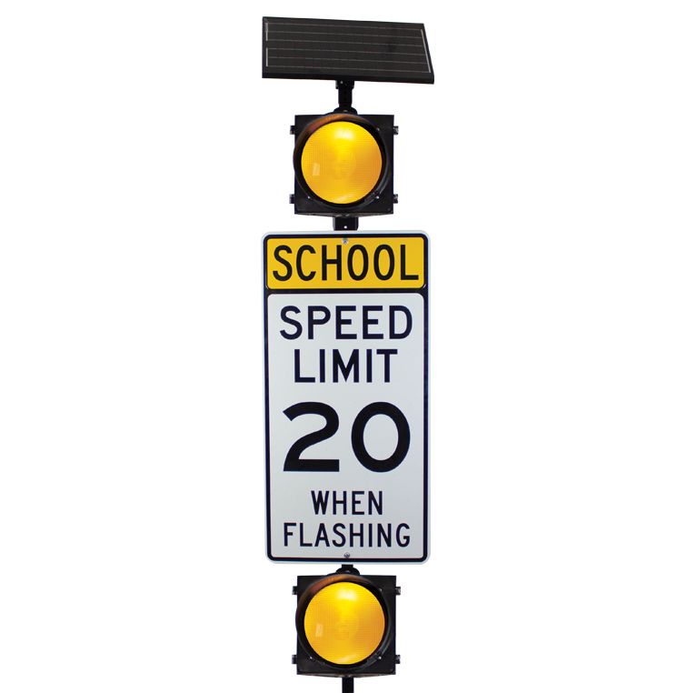Solar powered double amber flashing beacon light for school speed zone sign