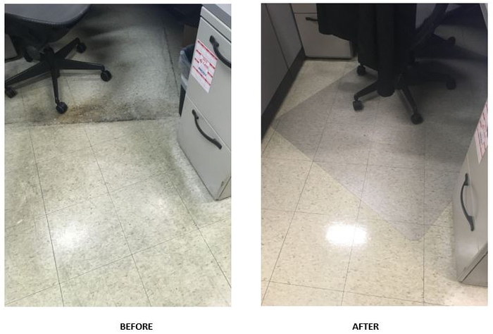 Before and after pictures of the strip and wax of the VCT floors.