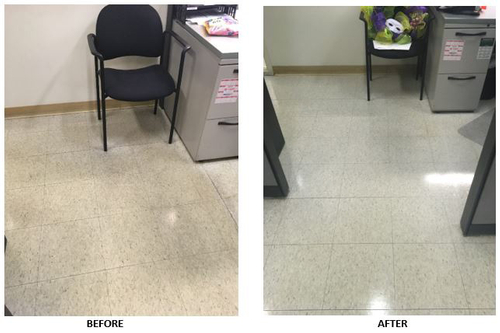Before and after pictures of the strip and wax of the VCT floors