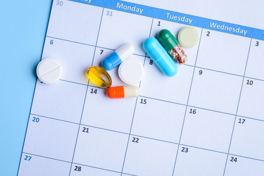Pills sitting on top of a calendar Med Sync