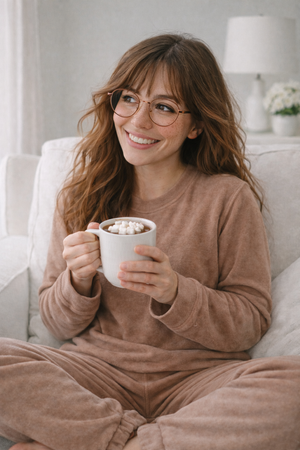 Woman relaxing at home in cozy loungewear, enjoying a quiet moment that reflects healthy self-care habits for the new year. Healthy Hair Goals Start with Simple Self-Care