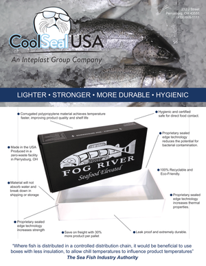 CoolSeal USA seafood packaging flyer featuring a leak-proof corrugated polypropylene fish box and highlighting durability, hygiene, recyclability, thermal performance, and freight-saving benefits.