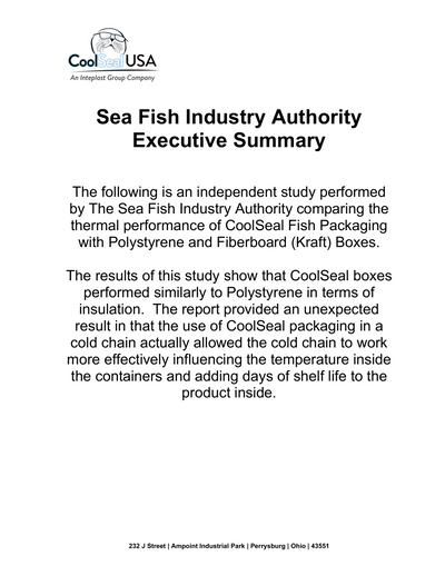 Sea Fish Industry Authority executive summary outlining an independent study comparing the thermal performance of CoolSeal fish packaging with polystyrene and fibreboard boxes.