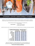 CoolSeal USA seafood packaging brochure showing recyclable corrugated polypropylene seafood boxes, sealed-edge technology, and standard box sizes for seafood shipping and distribution.