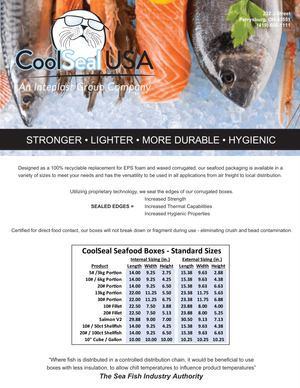 CoolSeal USA seafood packaging brochure showing recyclable corrugated polypropylene seafood boxes, sealed-edge technology, and standard box sizes for seafood shipping and distribution.