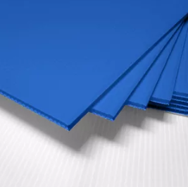 Blue corrugated plastic sheet on stock.
