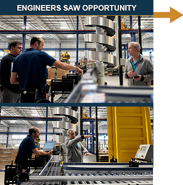 Our engineers saw the robot pausing periodically to wait for cases to catch up. They analyzed the interaction between the Intralox DARB conveyor and the robot to find a better way, challenging themselves to increase the rate. Video Tile 2 - Engineers.png