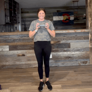 FIT4MOM standing chest press exercise with hip extension for moms.gif