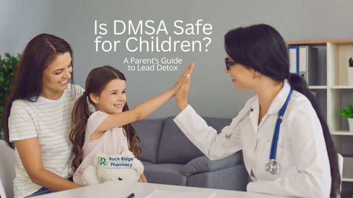 Woman pharmacist high-fiving a little girl, sitting on her mother's lap with the text "Is DMSA Safe for children? Parent's Guide to Lead Detox" Pharmacist and patient high-fiving