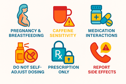 Six labeled icons: pregnant person, coffee cup with warning sign, pill bottle with tablets, nasal spray with “do not” symbol, Rx padlock for prescription only, and phone with warning—representing key Synapsin® precautions. Synapsin® Safety and Precaution Icons