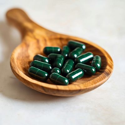 Green capsules on wooden spoon