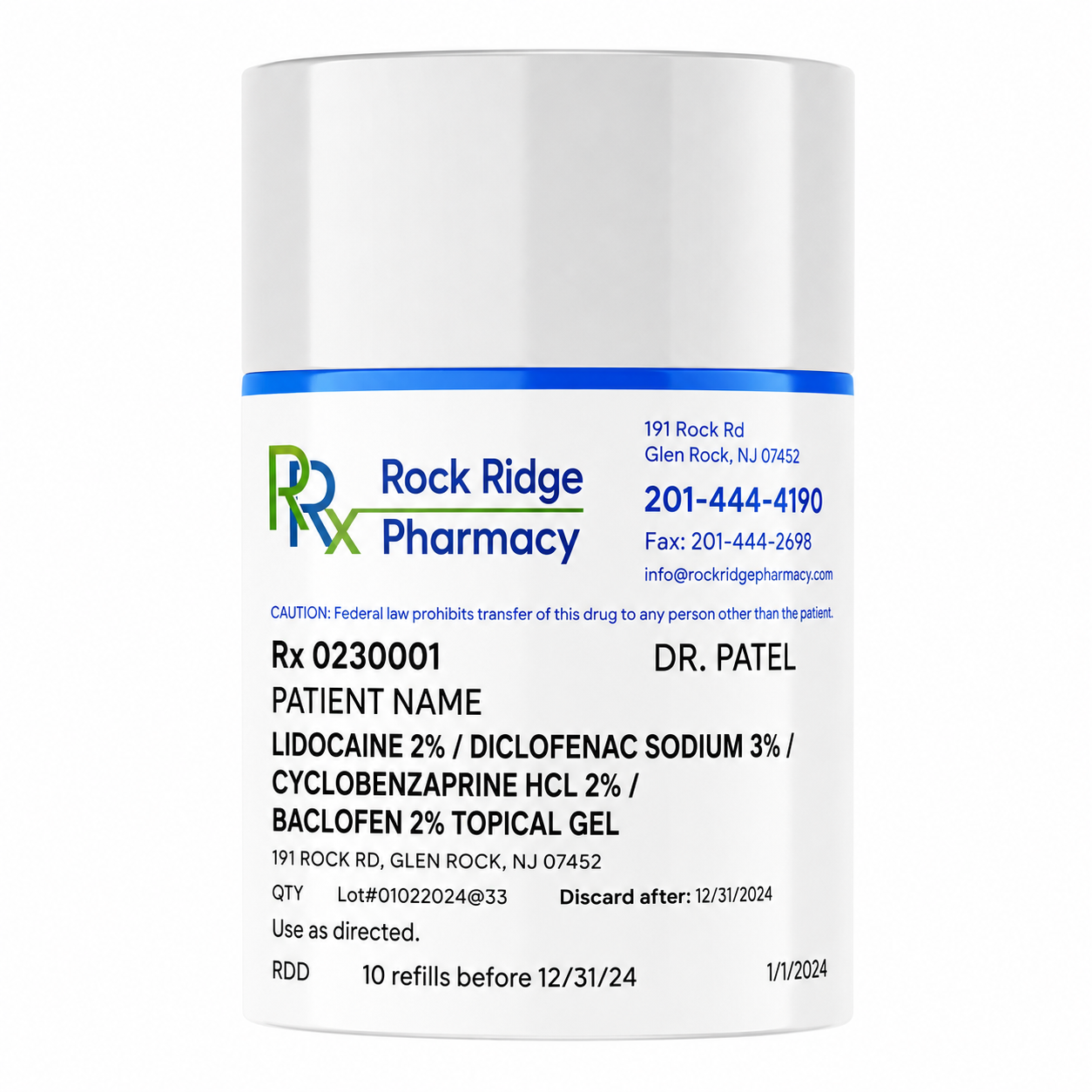 Lidocaine 2% / Diclofenac Sodium 3% / Cyclobenzaprine HCl 2% / Baclofen 2% Topical Gel