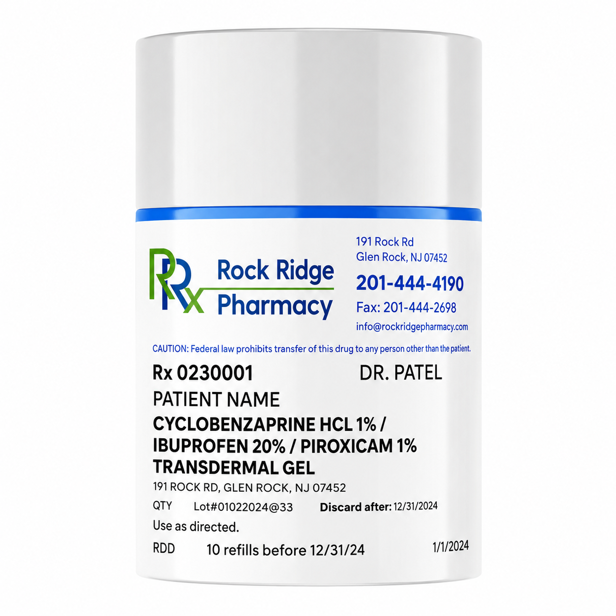Cyclobenzaprine HCl 1% / Ibuprofen 20% / Piroxicam 1% Transdermal Gel