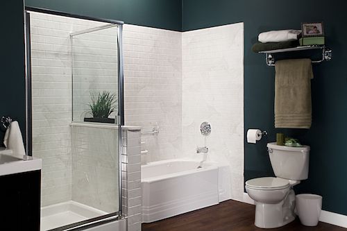 White Classic Bath & Silver White Marble Subway Walls With Chrome