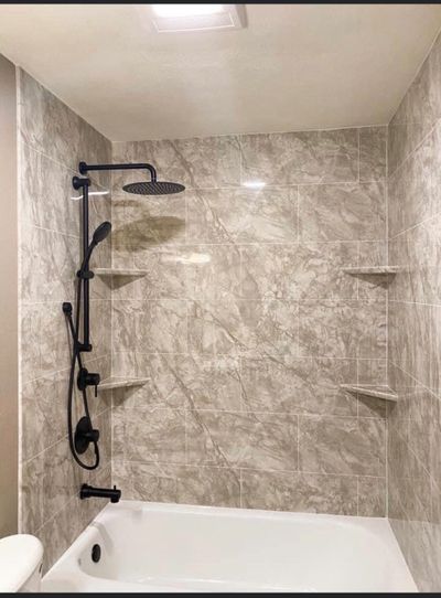 Tan and Gray Marble Subway Tile Shower