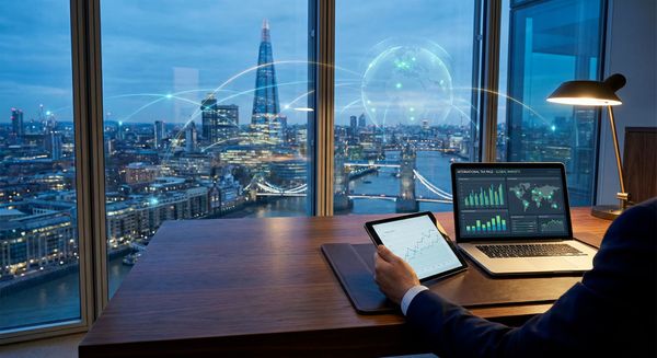 Executive desk showing global financial data and city skyline, symbolizing cross-border tax strategy for international businesses and U.S. private clients.